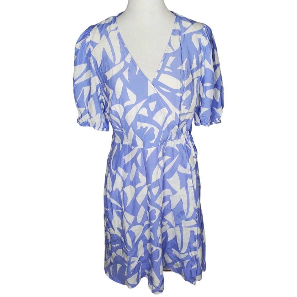 A New Day Lavendar Blue & White Balloon Sleeve Mock Mini Wrap Dress